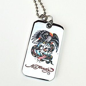 ED HARDY VINTAGE Style Necklace /Battle Eagle, Skull color print dog tag